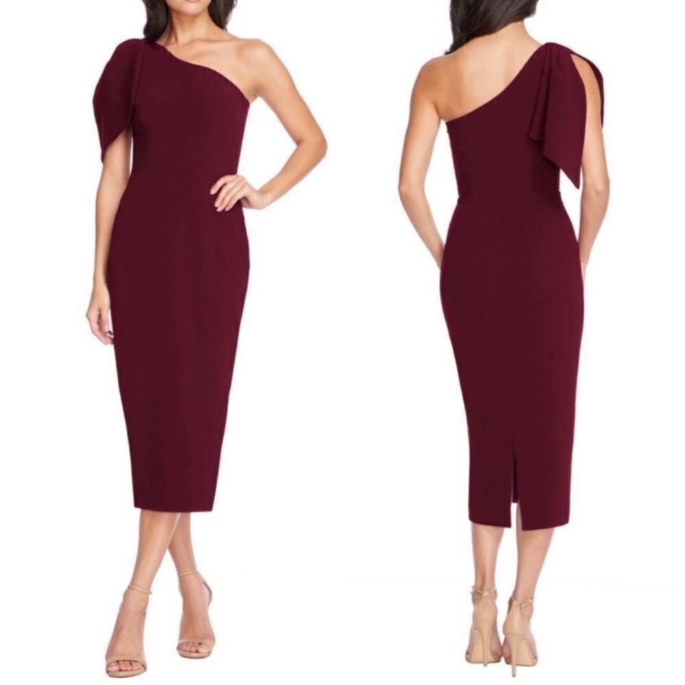 DRESS THE POPULATION Tiffany One-Shoulder Midi Dress In Burgundy Size L